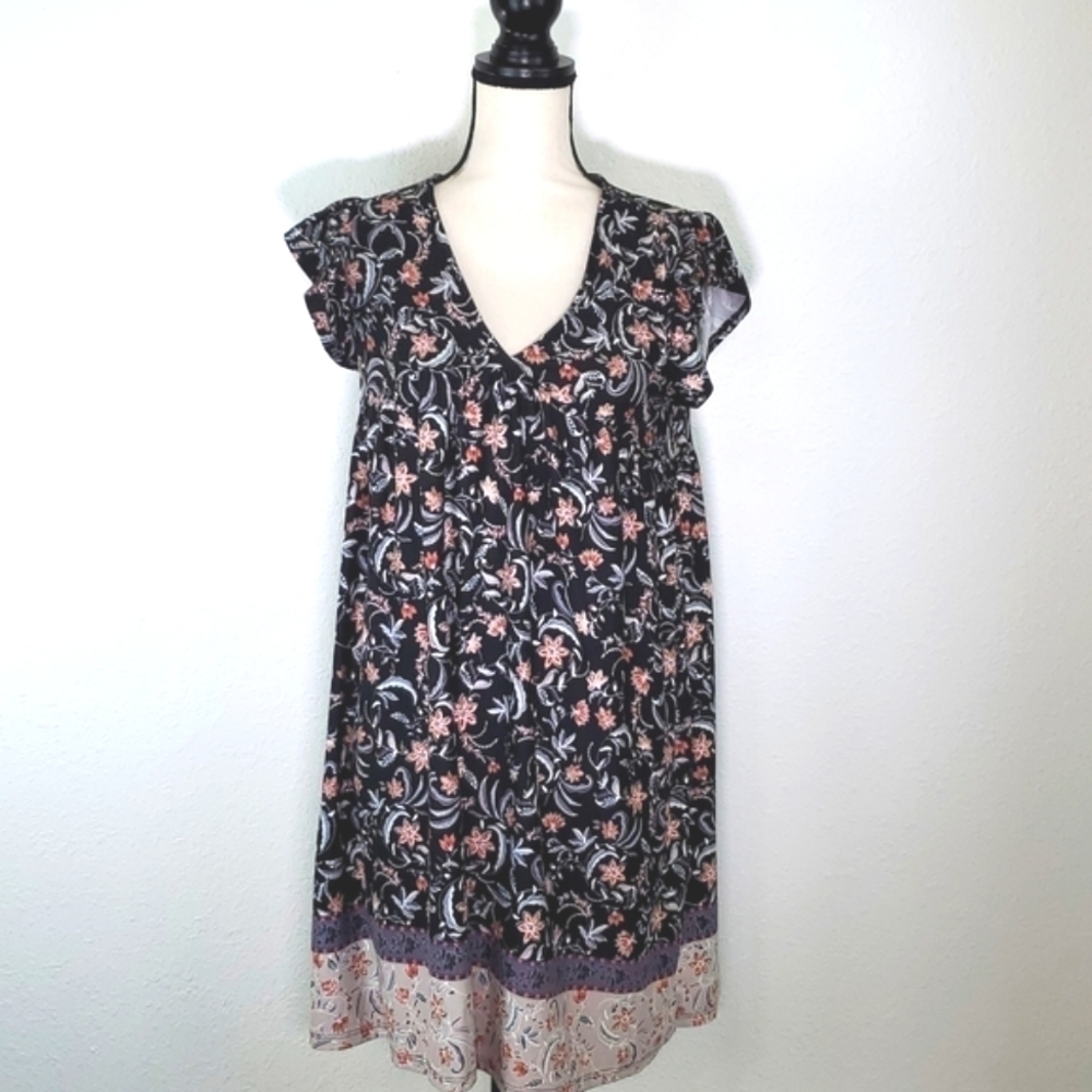 ENTRO Black Floral Cap Sleeve Lightweight Dress, size Medium
